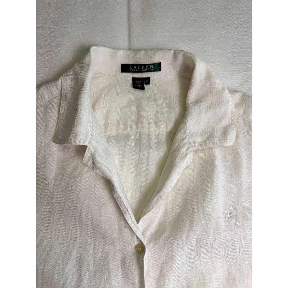 Lauren Ralph Lauren Women's XL White Solid Linen Woven Button-Up Collared LS
